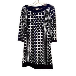 Laundry By Shelli Segal Houndstooth Black White & Blue 3/4 Sleeves Dress Sz Smal